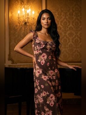 Rosie Posie Midi Dress Womens M Brown Pink Floral Back Zip
